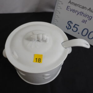 Seafood bowl with shrimp image in spoon and lid handle is a shrimp too
