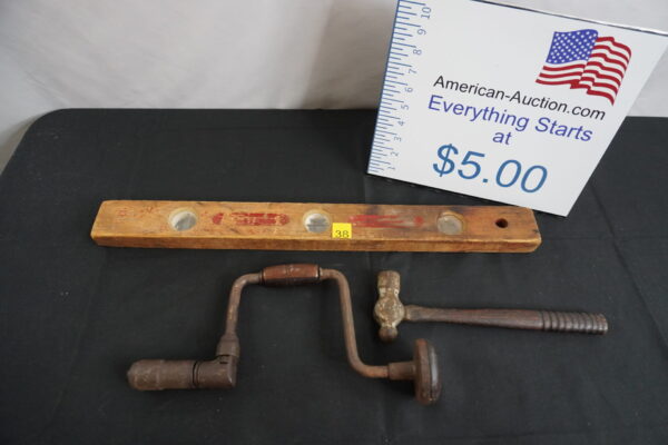 3 piece vintage tools Level, drill, hammer (don't make levels like that anymore)