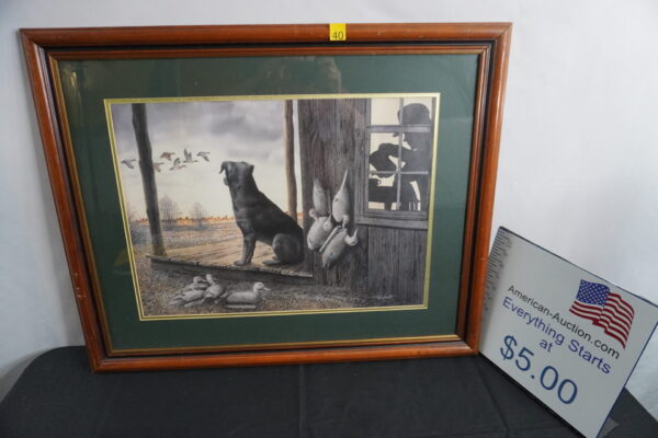 31"x26" dog/dock picture. hunter pouring coffee