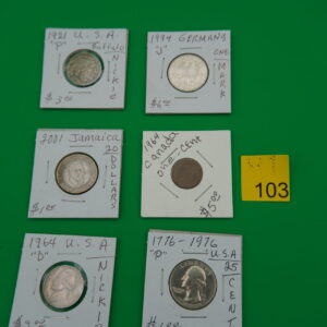 6 coins 1921p, buffalo nickel, Jamaca $20.00 coin