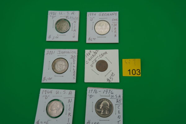 6 coins 1921p, buffalo nickel, Jamaca $20.00 coin